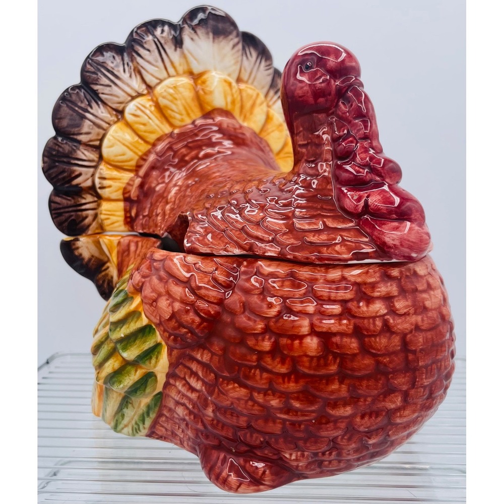 Lillian Vernon Turkey Soup Tureen Ceramic Lidded Serving Dish Brown Orange Red